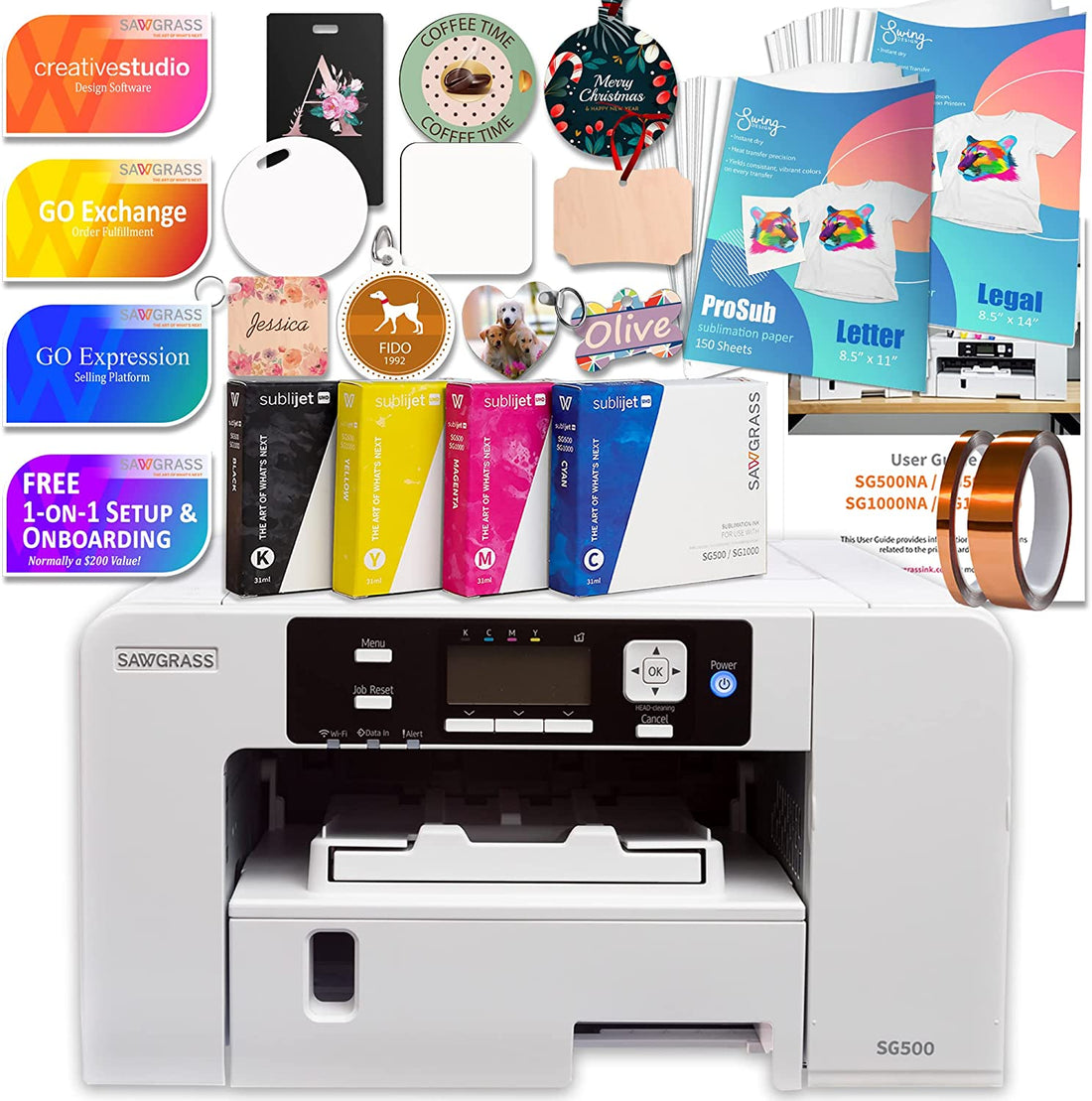 Sawgrass UHD Virtuoso SG500 Sublimation Printer Starter Bundle with Inks, 300 Sheets of Sublimation Paper, Tape, &amp; Blanks