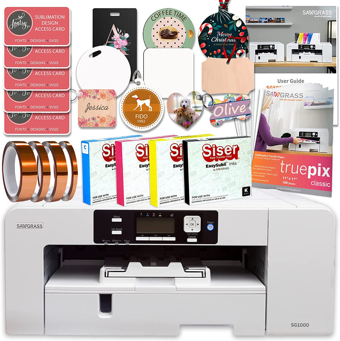 Sawgrass UHD Virtuoso SG1000 Sublimation Printer Starter Bundle with Easysubli Inks, Sublimation Paper, Tape, Blanks, Designs and Access to Exclusive Content