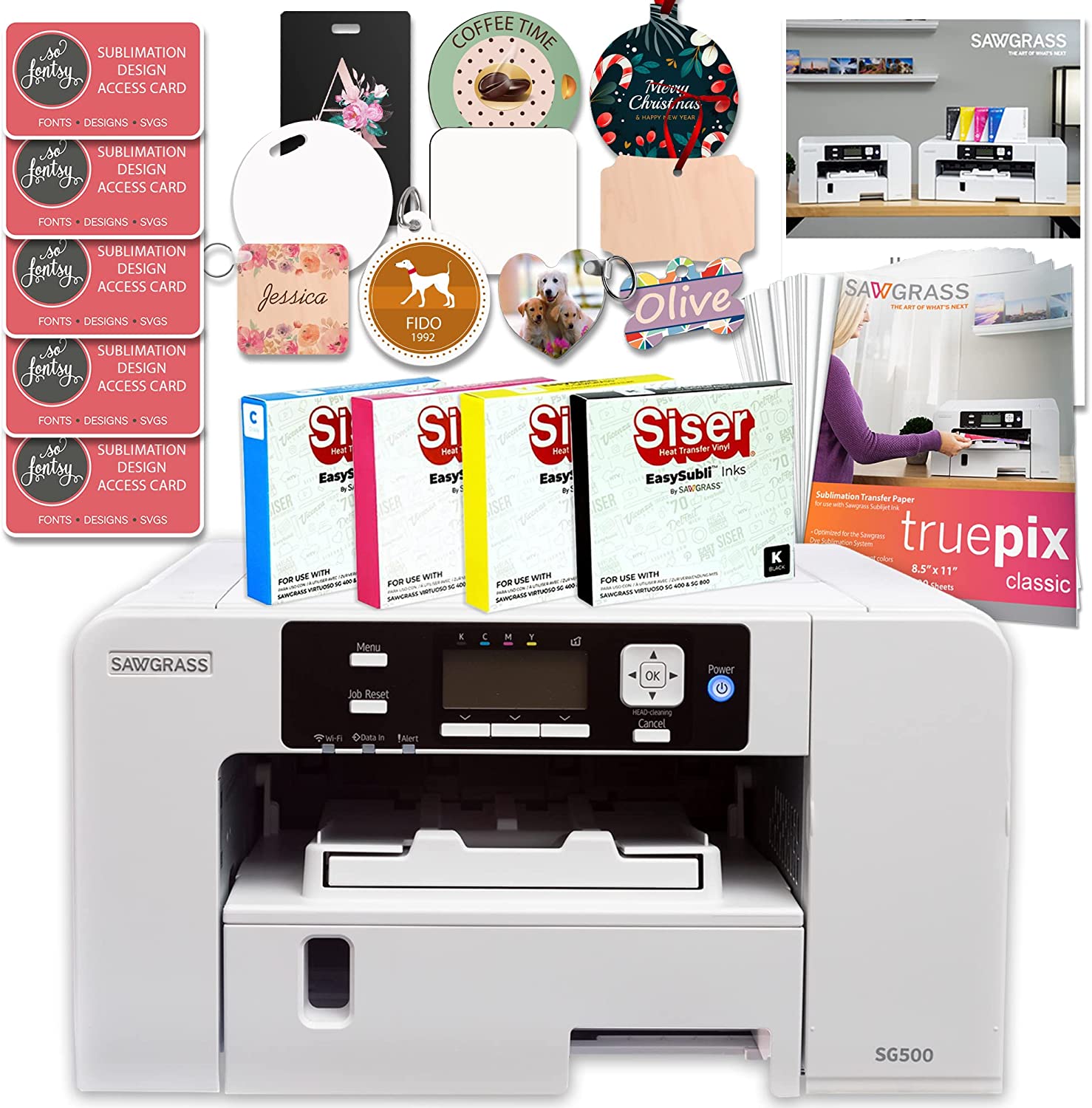 Sawgrass UHD SG500 Sublimation Printer Starter Bundle with Easysubli Inks, Sublimation Paper, Blanks Set, Designs, Exclusive Content