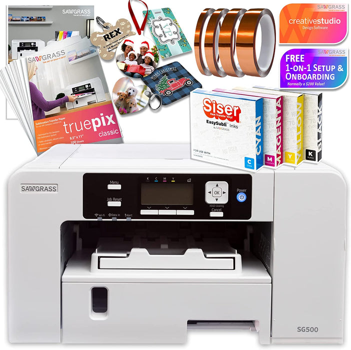 Sawgrass UHD SG500 Sublimation Printer Starter Bundle with Easysubli Inks, Sublimation Paper, Tape, Blanks, Designs