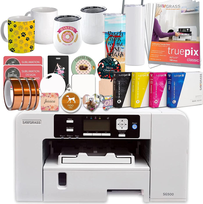 Sawgrass UHD Virtuoso SG500 Sublimation Printer Starter Bundle with Inks, Paper, Tape, Blanks Assortment, Designs and Access to Exclusive Content White, 8.5'' x 11'', (SG500-PRNT-BUNDLE-HD-4)