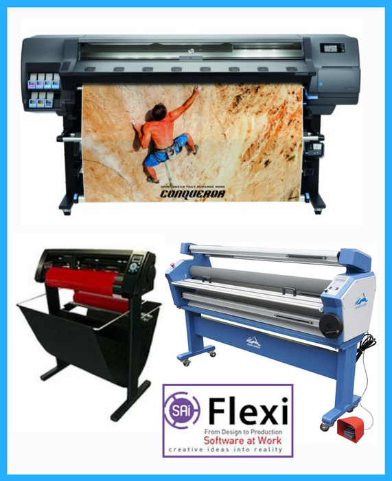 COMPLETE SOLUTION - HP Latex 335 64" Large-Format Printer - New + 55" Full-Auto Low Temp. Cold Laminator, With Heat Assisted - New + 53" 3 ARMS Contour Cut Vinyl Cutter w/ VinylMaster Cut Software - New + Flexi RIP Software