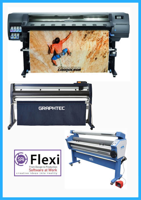 COMPLETE SOLUTION - HP Latex 335 64" Large-Format - New + Graphtec FC9000-160 64" (162.6 cm) Wide Cutter - New + Upgraded Ving 63" Full-auto Low Temp. Wide Format Cold Laminator, with Heat Assisted + Flexi RIP Software