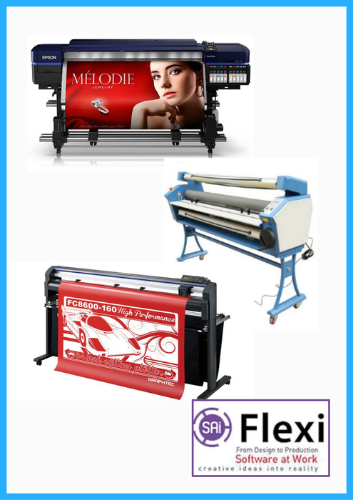 COMPLETE SOLUTION - Epson Surecolor S80600 Production Edition 64" Solvent Printer (Refurbished) + 64" Graphtec FC8600-160 Vinyl Cutting Plotter (Refurbished) + Upgraded Ving 63" Wide Format Cold Laminator (New) + Flexi RIP Software