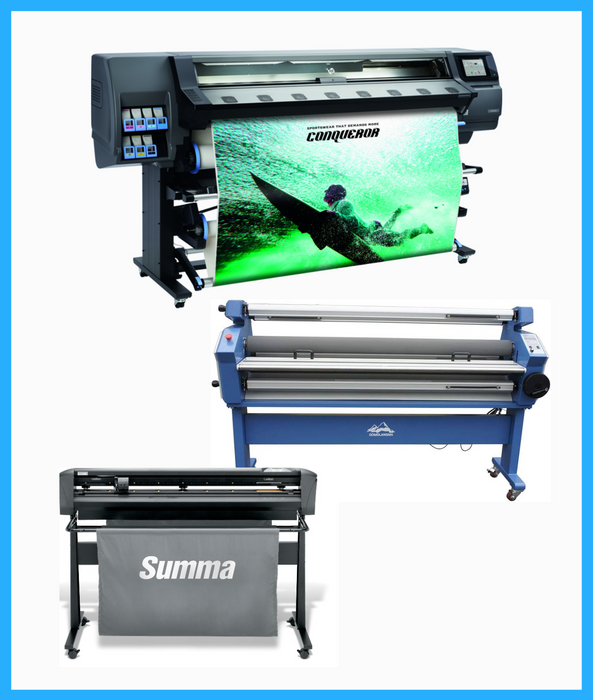 COMPLETE SOLUTION - HP Latex 365 64" Large-Format Production Printer - New  + SummaCut D160 64 in (160 cm) Vinyl and Contour Cutting - New + Upgraded Ving 63" Full-auto Low Temp. Wide Format Cold Laminator, with Heat Assisted