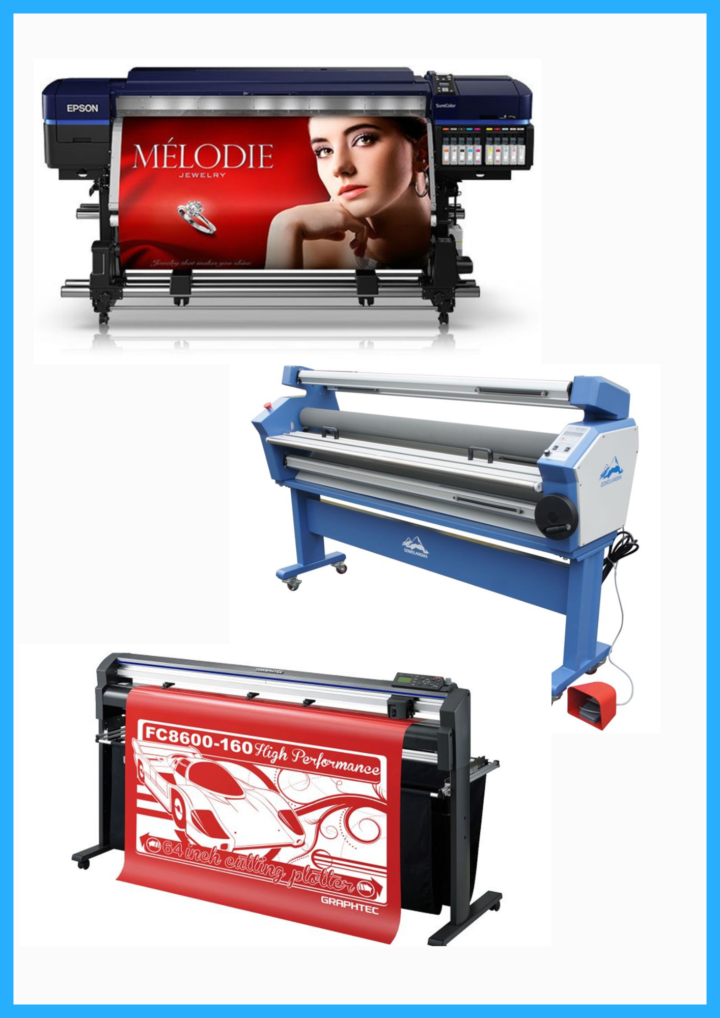 ON SALE - COMPLETE SOLUTION - Epson Surecolor S80600 Production Edition 64" Solvent Printer (Refurbished) + 64" Graphtec FC8600-160 Vinyl Cutting Plotter (Refurbished) + 55" Full-Auto Wide Format Cold Laminator with Heat Assisted (New)