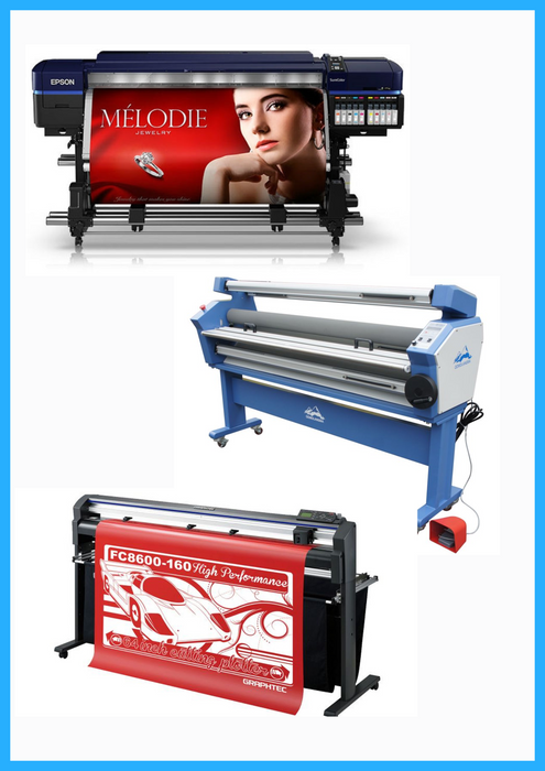 COMPLETE SOLUTION - Epson Surecolor S80600 Production Edition 64" Solvent Printer (Refurbished) + 64" Graphtec FC8600-160 Vinyl Cutting Plotter (Refurbished) + 55" Full-Auto Wide Format Cold Laminator with Heat Assisted (New)