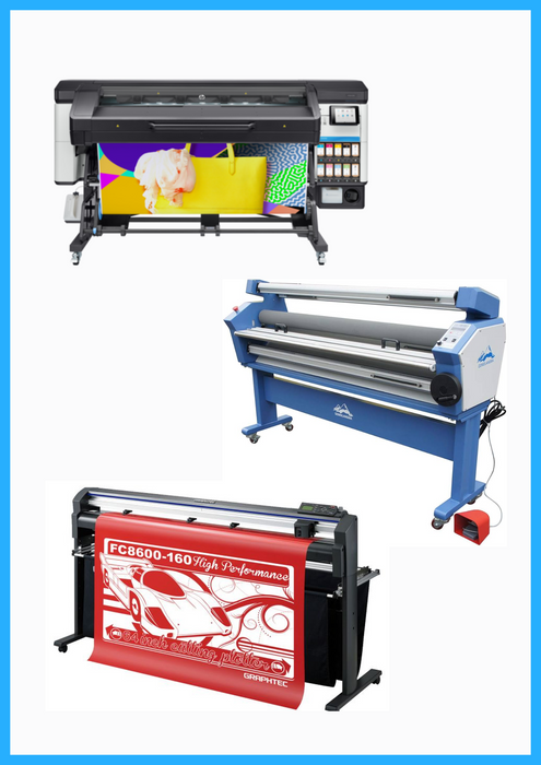 COMPLETE SOLUTION - HP Latex 700W 64" Wide Format Printer + 64" Graphtec FC8600-160 Vinyl Cutting Plotter - Refurbished (1 Year Warranty) + 63" Full-auto Low Temp. Wide Format Cold Laminator