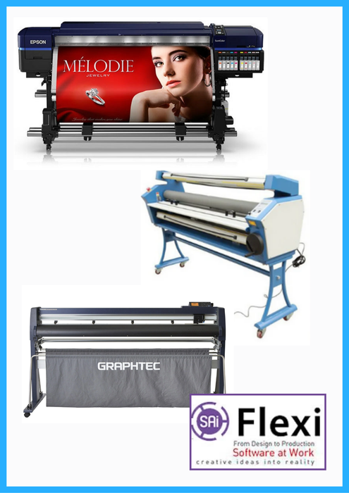 COMPLETE SOLUTION - Epson Surecolor S80600 Production Edition 64" Solvent Printer (Refurbished) + 64" Graphtec FC9000-160 Wide Cutter (New) + 55" Full-Auto Wide Format Cold Laminator with Heat Assisted (New) + Flexi RIP Software