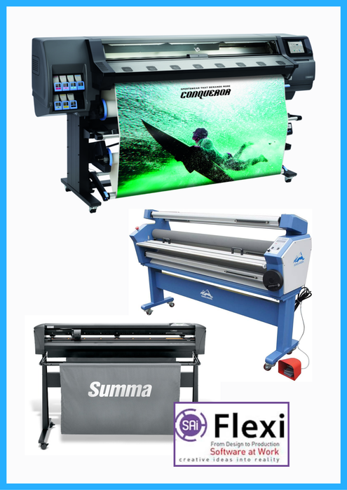 COMPLETE SOLUTION - HP Latex 365 64" Large-Format Production Printer - New + SummaCut D160 64 in (160 cm) Vinyl and Contour Cutting – New + Upgraded Ving 63" Full-auto Low Temp. Wide Format Cold Laminator, with Heat Assisted + Flexi RIP Software