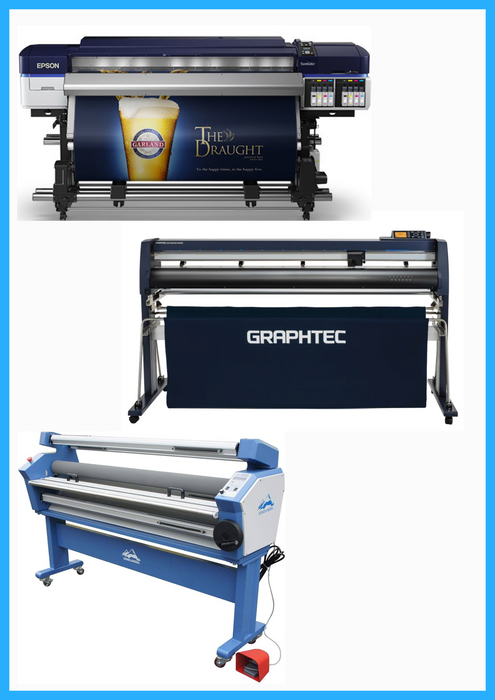 COMPLETE SOLUTION - Epson SureColor S60600 Production Edition Printer - Refurbished (1 Year Warranty) + 64" Graphtec FC9000-160 Vinyl Cutting Plotter - Refurbished (1 Year Warranty) + 63" Cold Laminator, with Heat Assisted - New