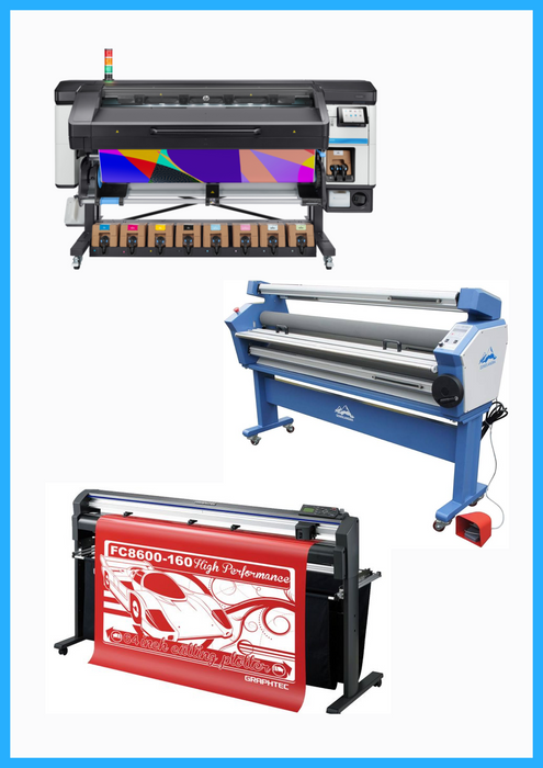 COMPLETE SOLUTION - HP Latex 800W 64" Wide Format Printer + 64" Graphtec FC8600-160 Vinyl Cutting Plotter - Refurbished (1 Year Warranty) + 63" Full-auto Low Temp. Wide Format Cold Laminator