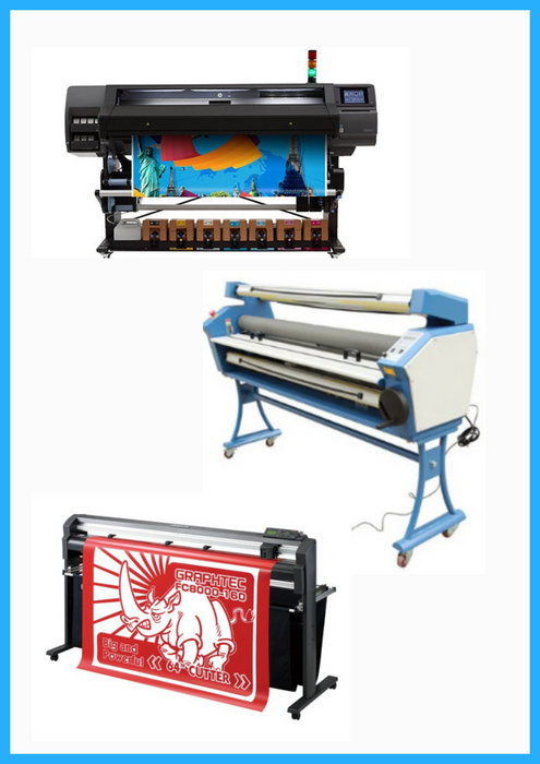 COMPLETE SOLUTION - HP Latex 570 64" Printer (Refurbished) + 64" Graphtec FC8000-160 Vinyl Cutting Plotter (Refurbished) + 63" Full-auto Low Temp. Wide Format Cold Laminator (New)