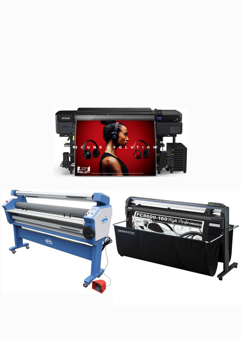 COMPLETE SOLUTION - Epson SureColor S80600L 64" Solvent Printer + 64" Graphtec FC8600-160 Vinyl Cutting Plotter - Refurbished + 63" Full-auto Wide Format Cold Laminator, with Heat Assisted