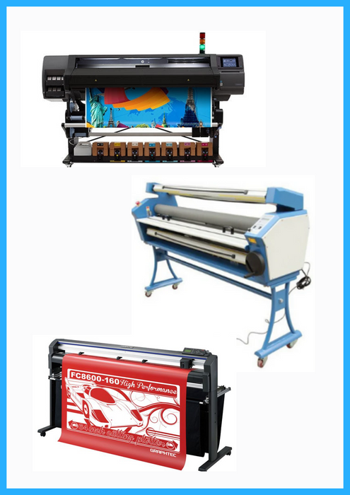 COMPLETE SOLUTION - HP Latex 570 64" Printer (Refurbished) + 64" Graphtec FC8600-160 Vinyl Cutting Plotter (Refurbished) + 63" Full-auto Low Temp. Wide Format Cold Laminator (New)