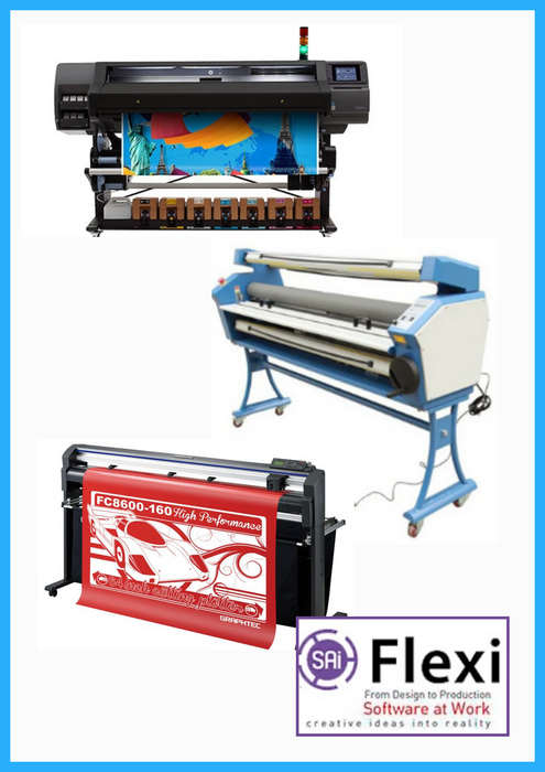 COMPLETE SOLUTION - HP Latex 570 64" Printer (Refurbished) + 64" Graphtec FC8600-160 Vinyl Cutting Plotter (Refurbished) + 63" Full-auto Low Temp. Wide Format Cold Laminator (New) + Flexi RIP Software