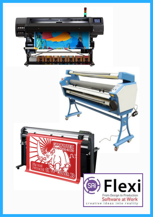 COMPLETE SOLUTION - HP Latex 570 64" Printer (Refurbished) + 64" Graphtec FC8000-160 Vinyl Cutting Plotter (Refurbished) + 63" Full-auto Low Temp. Wide Format Cold Laminator (New) + Flexi RIP Software