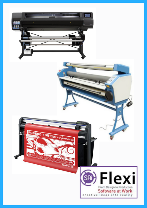 COMPLETE SOLUTION - HP Latex 560 64" Printer (Refurbished) + 64" Graphtec FC8600-160 Vinyl Cutting Plotter (Refurbished) + 63" Full-auto Low Temp. Wide Format Cold Laminator (New) + Flexi RIP Software