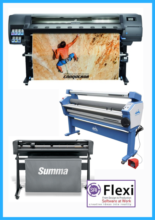 COMPLETE SOLUTION - HP Latex 335 64" Large-Format Printer - New + SummaCut D160 64 in (160 cm) Vinyl and Contour Cutting - New + Upgraded Ving 63" Full-auto Low Temp. Wide Format Cold Laminator, with Heat Assisted + Flexi RIP Software