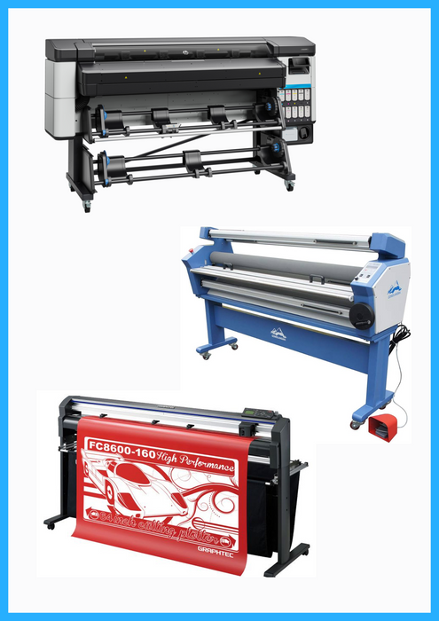 COMPLETE SOLUTION - HP Latex 630 W 64" Printer + 64" Graphtec FC8600-160 Vinyl Cutting Plotter - Refurbished (1 Year Warranty) + 63" Full-auto Low Temp. Wide Format Cold Laminator