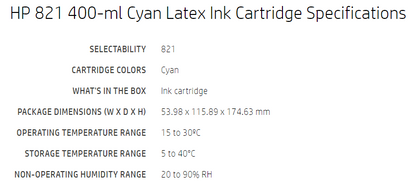 HP 821 400 ml Cyan Latex Ink Cartridge for Latex 110, 115 Printers - G0Y86A