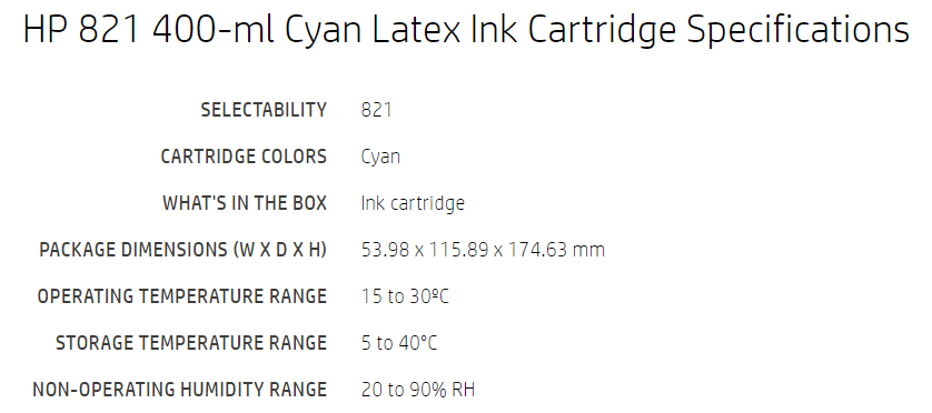 HP 821 400 ml Cyan Latex Ink Cartridge for Latex 110, 115 Printers - G0Y86A