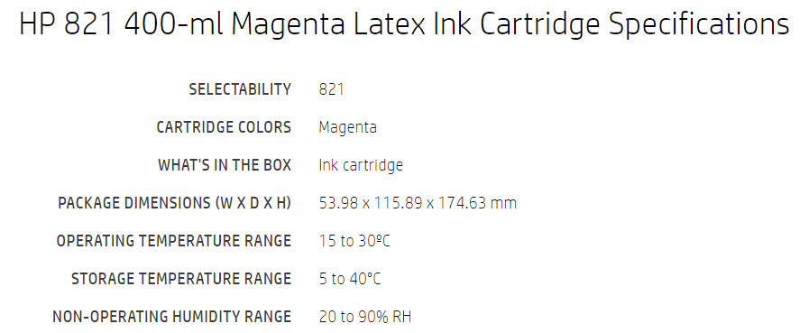 HP 821 400ml Magenta Latex Ink Cartridge for Latex 110, 115 Printers - G0Y87A