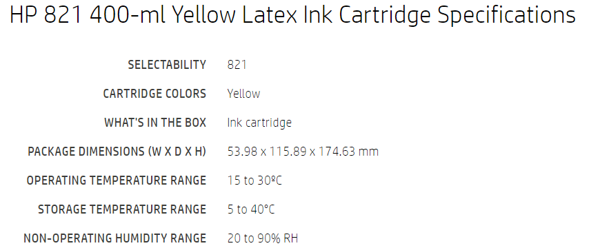 HP 821 400ml Yellow Latex Ink Cartridge for Latex 110, 115 Printers - G0Y88A