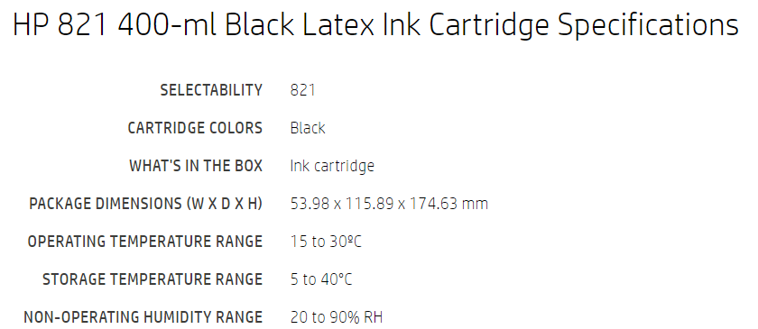 HP 821 400ml Black Latex Ink Cartridge for Latex 110, 115 Printers - G0Y89A