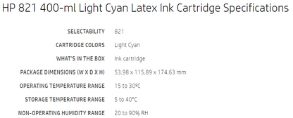 HP 821 400 ml Light Cyan Latex Ink Cartridge for Latex 110, 115 Printers - G0Y90A