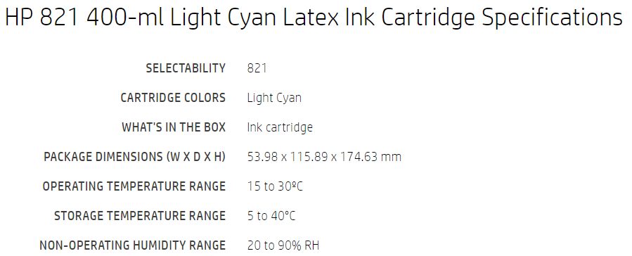 HP 821 400 ml Light Cyan Latex Ink Cartridge for Latex 110, 115 Printers - G0Y90A