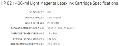 HP 821 400ml Light Magenta Latex Cartridge for Latex 110, 115 Printers - G0Y91A