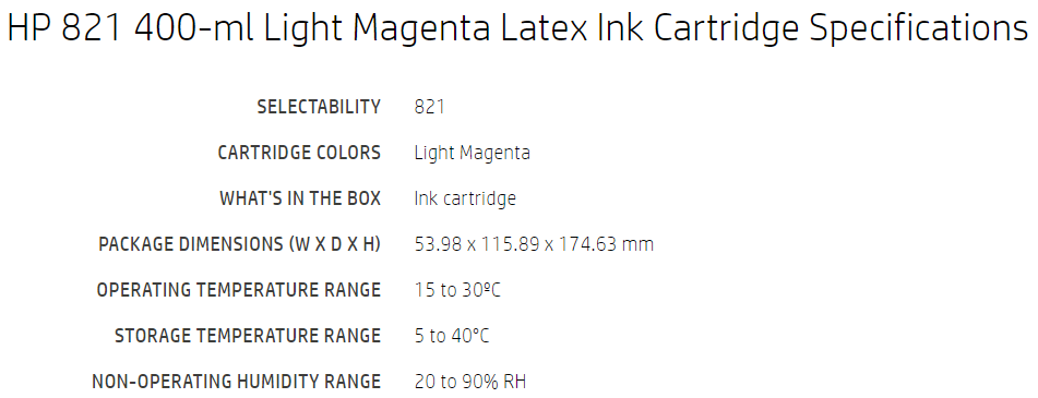 HP 821 400ml Light Magenta Latex Cartridge for Latex 110, 115 Printers - G0Y91A