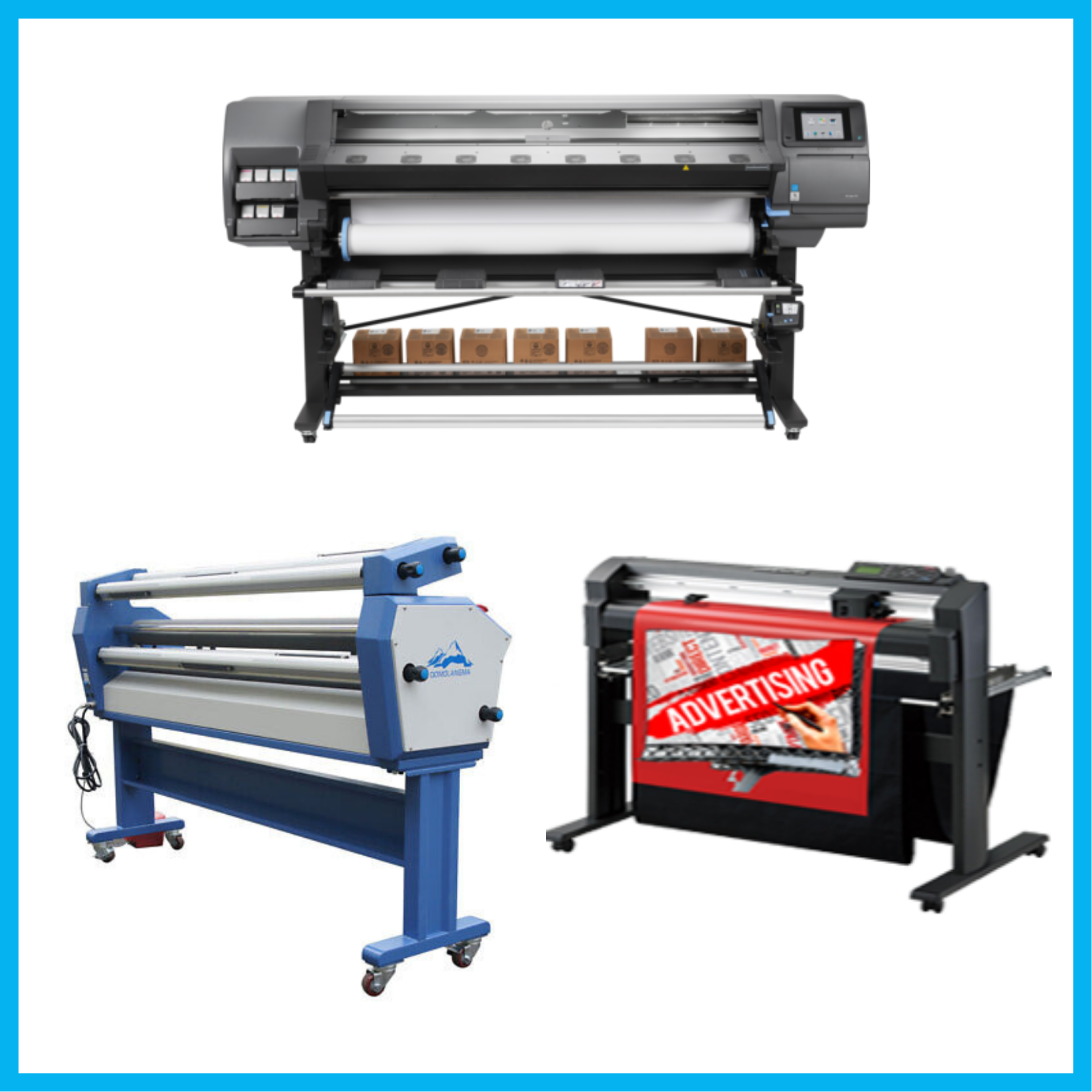 ON SALE - COMPLETE SOLUTION - HP Latex 370 Printer - Refurbished (90 Days, 1, 2, 3 or 4 Y/Warranty) + 64" Graphtec FC8000-160 Vinyl Cutting Plotter - Refurbished (90 Days, 1, 2, 3 or 4 Y/Warranty) + 63" Wide Format Cold Laminator, with Heat Assisted