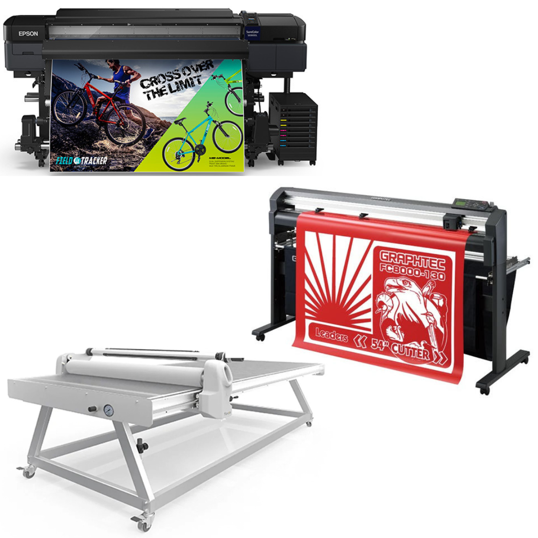 COMPLETE SOLUTION - Epson SureColor S60600L 64" Roll-to-Roll Solvent Printer (1 Y/Warranty) + 54" Graphtec FC8000-130 Cutting Plotter (1 Y/Warranty) + 63" Wide Format Cold Laminator, with Heat Assisted + 51" x 98" Flatbed Lamination Table