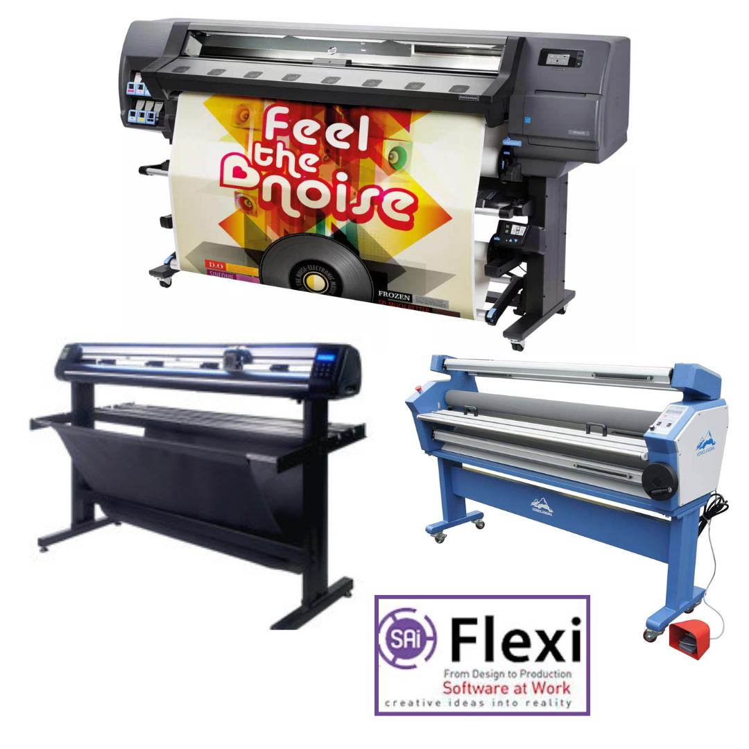 ON SALE - COMPLETE SOLUTION - HP Latex 330 Printer - Refurbished (90 Days, 1, 2, 3 or 4 Years Warranty) + 55&quot; Cold Laminator, With Heat Assisted + 53&quot; Vinyl Cutter with ARMS Contour Cutting &amp; Barcode (MH300) + Flexi RIP Software