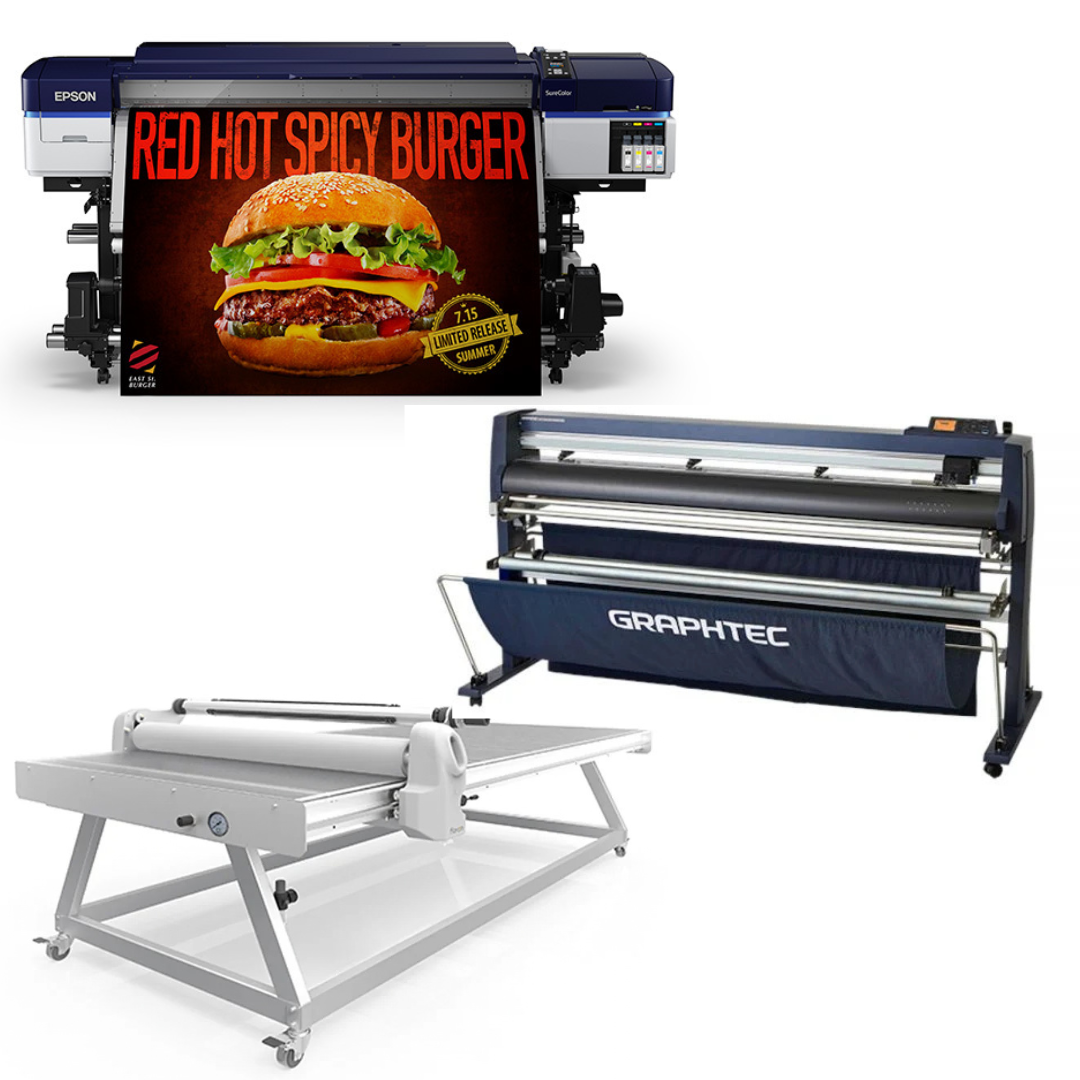 COMPLETE SOLUTION - Epson SureColor S40600 Production Edition - Refurbished (1 Y/Warranty) + 64" Graphtec FC9000-160 Cutting Plotter - Refurbished (1 Y/Warranty) + 63" Wide Format Cold Laminator, w/Heat Assisted + 51" x 98" Flatbed Lamination Table