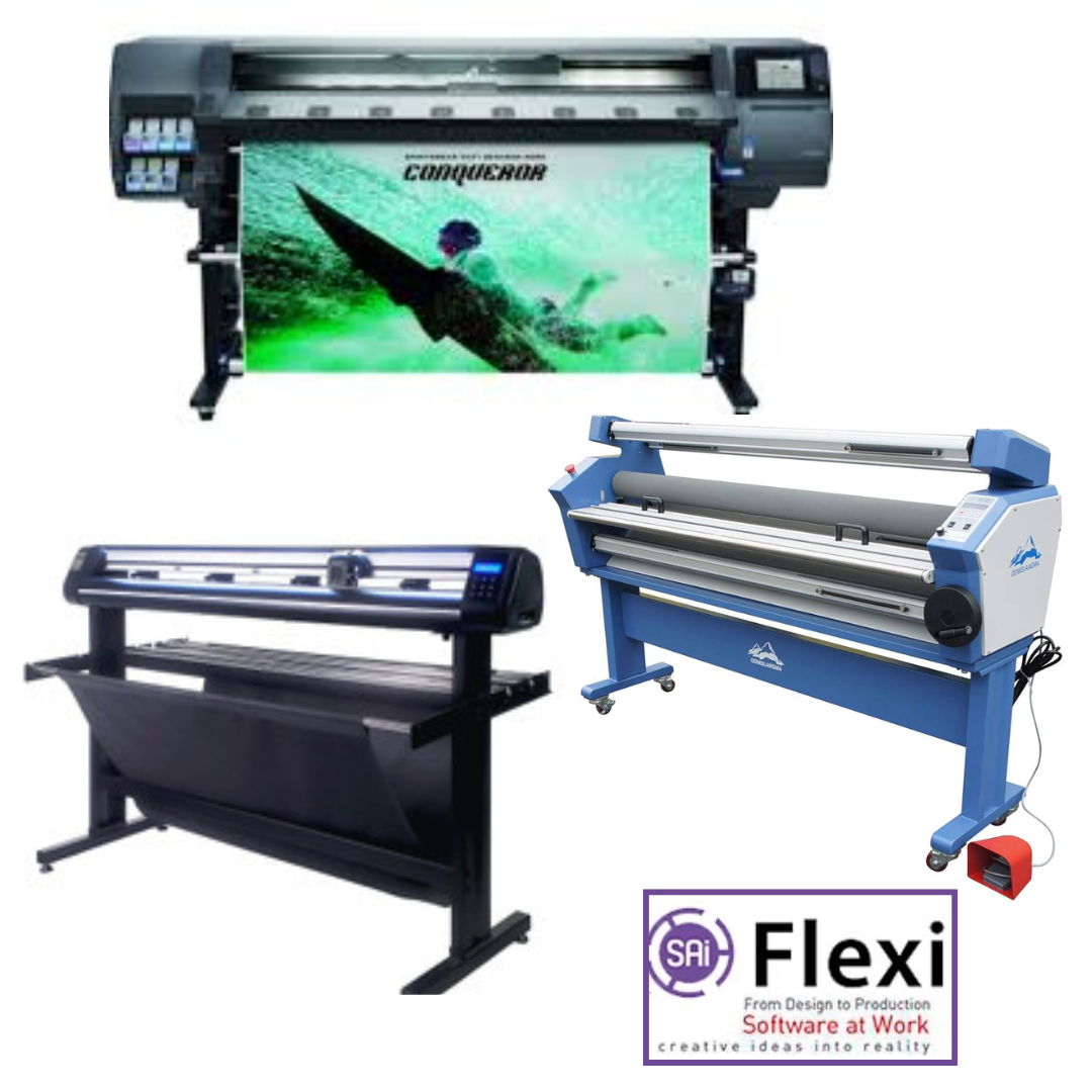 ON SALE - COMPLETE SOLUTION - HP Latex 365 64" Printer - Refurbished (90 Days, 1, 2, 3 or 4 Y/Warranty) +  55" Cold Laminator w/Heat Assisted + 53" Vinyl Cutter with ARMS Contour Cutting &amp; Barcode (MH300) - New + Flexi RIP Software