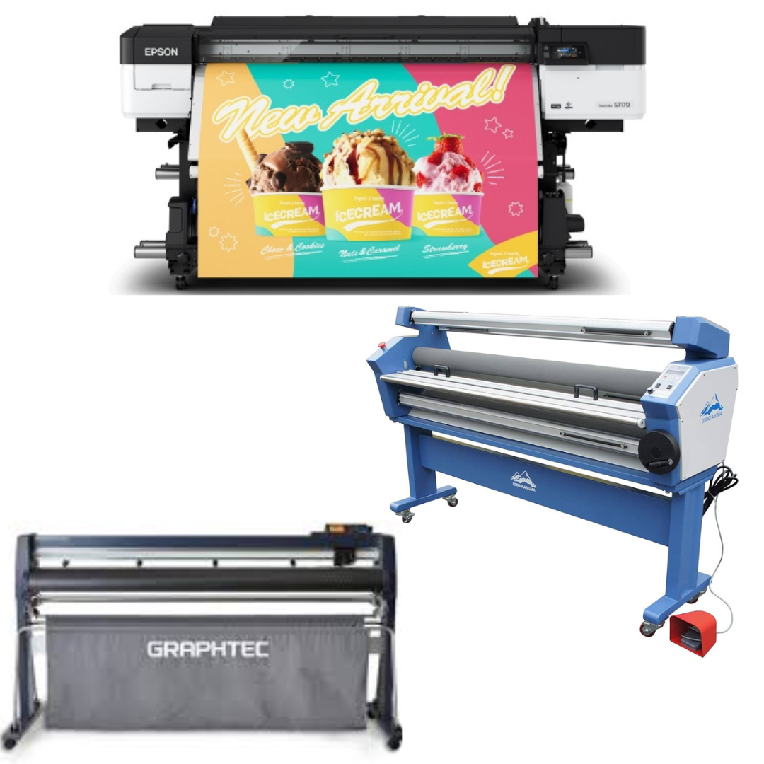COMPLETE SOLUTION - Epson SureColor S7170 64&quot; Production Edition Solvent Printer - New + 64&quot; Graphtec FC9000-160 Wide Cutter - New + 63&quot; Full-auto Low Temp. Wide Format Cold Laminator, with Heat Assisted - New