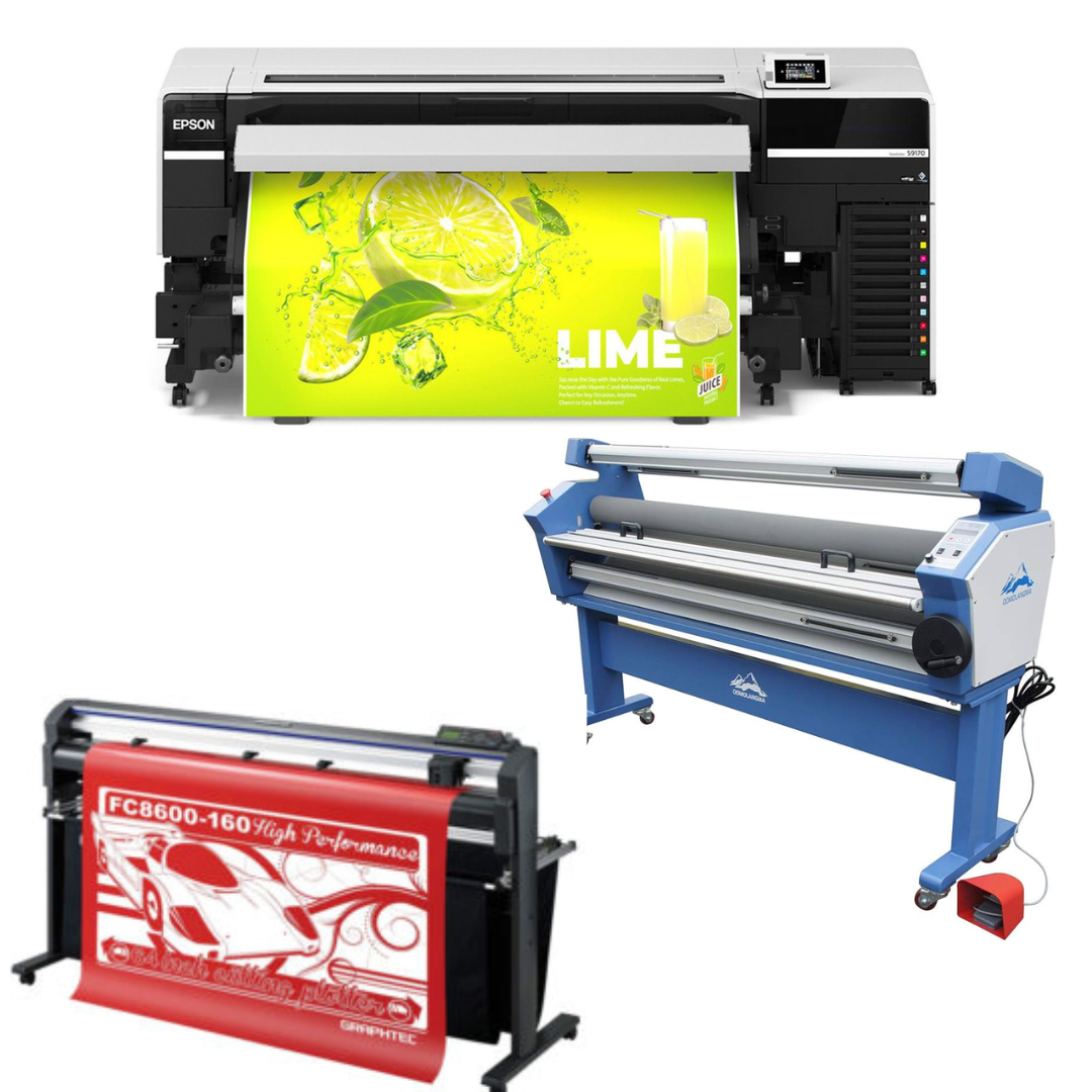 COMPLETE SOLUTION - Epson SureColor S9170 64" Roll-to-Roll Solvent Printer - New  + 64" Graphtec FC8600-160 High Vinyl Cutting Plotter - Refurbished (90 Days Warranty) + 63" Full-auto Low Temp. Wide Format Cold Laminator, with Heat Assisted - New