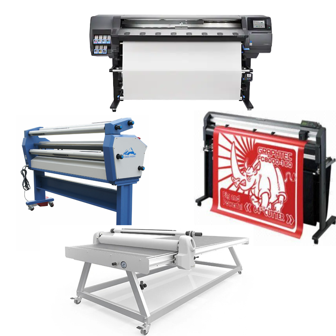 COMPLETE SOLUTION - HP Latex 360 64" Printer - Refurbished (1 Y-Warranty) + 64" Graphtec FC8600-160 Vinyl Cutting Plotter (1 Y-Warranty) + 63" Cold Laminator with Heat Assisted + 51" x 98" Flatbed Lamination Table for All Size Prints