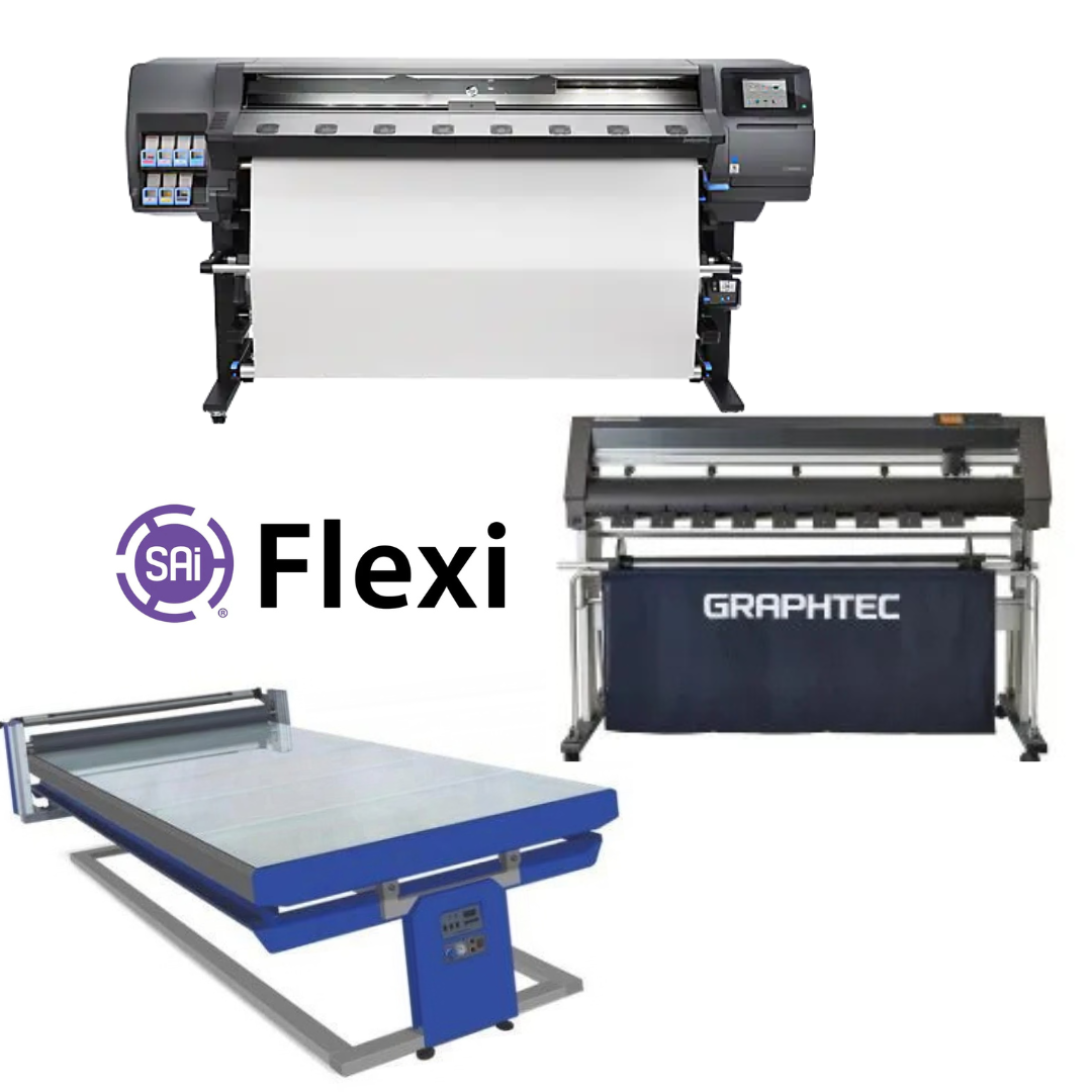 COMPLETE SOLUTION - HP Latex 360 64" Printer - Refurbished (1 Y-Warranty) + Graphtec CE7000-130 50" Wide Cutter/Stand - New + 67in x 126in Flatbed Hot and Cold Laminator for Rigid &amp; Flex Media - New + Flexi RIP Software