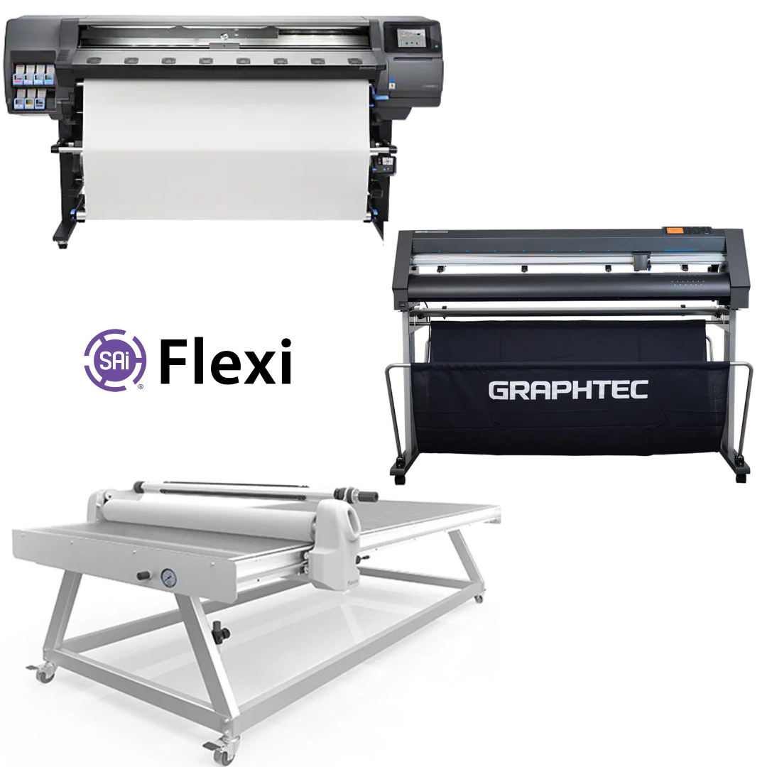 COMPLETE SOLUTION - HP Latex 360 64" Printer - Refurbished (1 Year Warranty) + Graphtec CE7000-130 50" Wide Cutter/Stand - New + 51" x 98" Flatbed Lamination Table for All Size Prints  - New + Flexi RIP Software