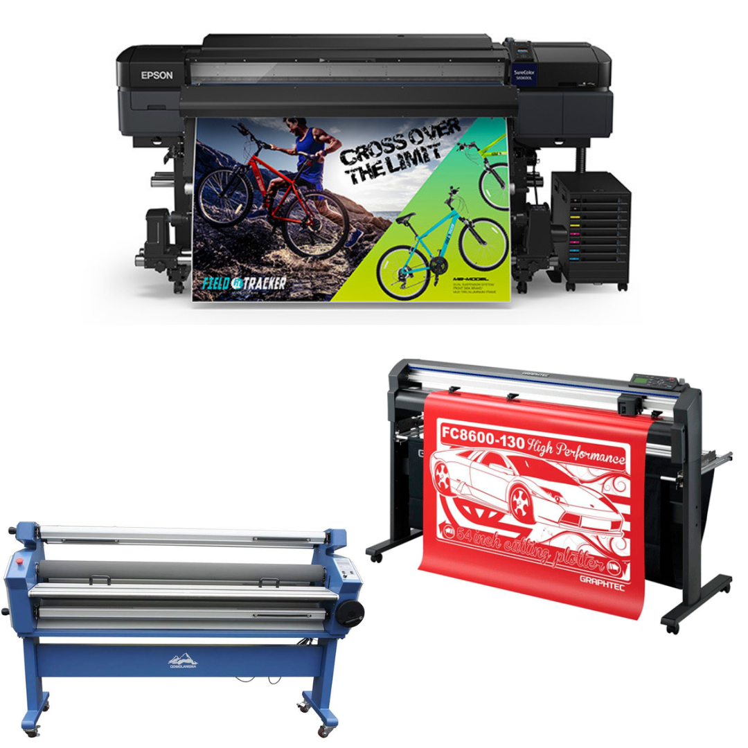 COMPLETE SOLUTION - Epson SureColor S60600L 64" Roll-to-Roll Solvent 4-Color Bulk Ink Printer - Refurbished (1 Year Warranty) + 64" Graphtec FC8600-130 Vinyl Cutting Plotter - Refurbished (1 Year Warranty) + 55" Cold Laminator with Heat Assisted - New