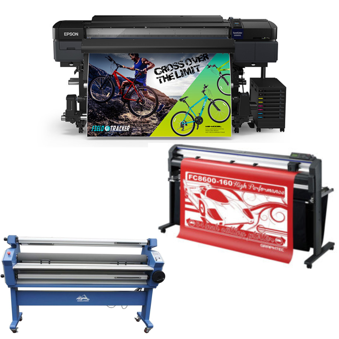 COMPLETE SOLUTION - Epson SureColor S60600L 64" Roll-to-Roll Solvent 4-Color Bulk Ink Printer - Refurbished (1 Year Warranty) + 64" Graphtec FC8600-160 Vinyl Cutting Plotter - Refurbished (1 Year Warranty) + 55" Cold Laminator with Heat Assisted - New