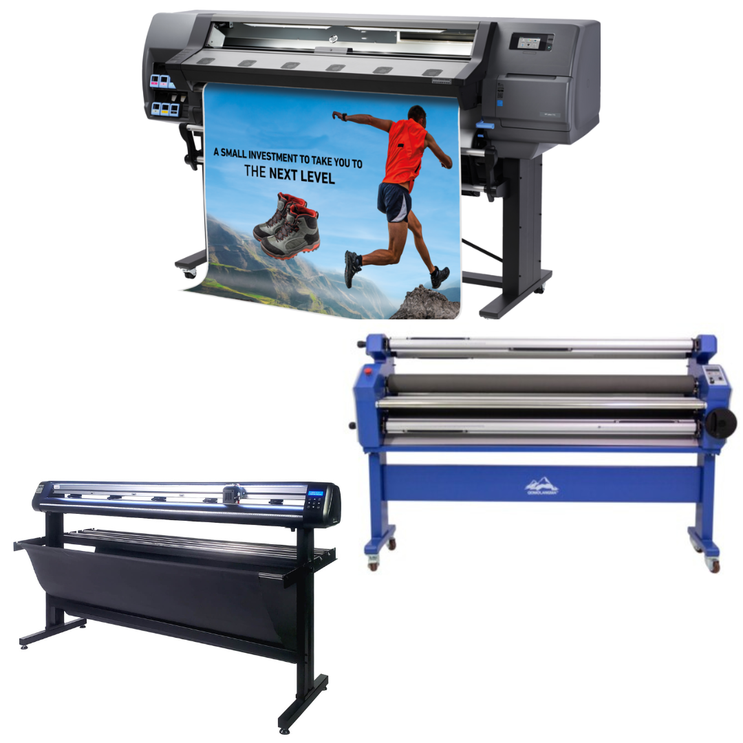 COMPLETE SOLUTION - HP Latex 330 Printer - Refurbished (90 Days, 1, 2, 3 or 4 Years Warranty) + 63" Wide Format Cold Laminator, with Heat Assisted - New + 65" Vinyl Cutter Machine with ARMS Contour Cutting &amp; Barcode Job Management (MH300) - New
