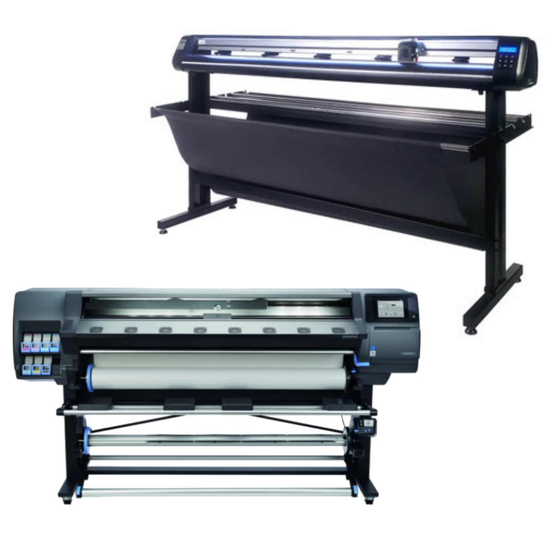 BUNDLE - HP Latex 365 64" Printer - Refurbished (90 Days, 1, 2, 3 or 4 Y/Warranty) + 65" Professional Vinyl Cutter Machine with ARMS Contour Cutting, Barcode Workflow, and Vacuum Hold-Down - MH400 / New