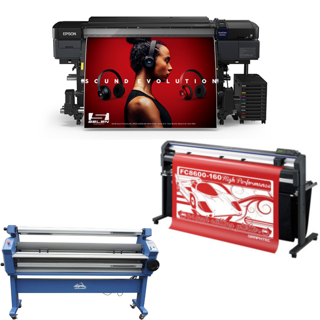 COMPLETE SOLUTION - Epson SureColor S80600L 64" Solvent Printer - Refurbished (90 Days Warranty) + 64" Graphtec FC8600-160 Vinyl Cutting Plotter - Refurbished (90 Days Warranty) + 55" Full-Auto Wide Format Cold Laminator with Heat Assisted - New