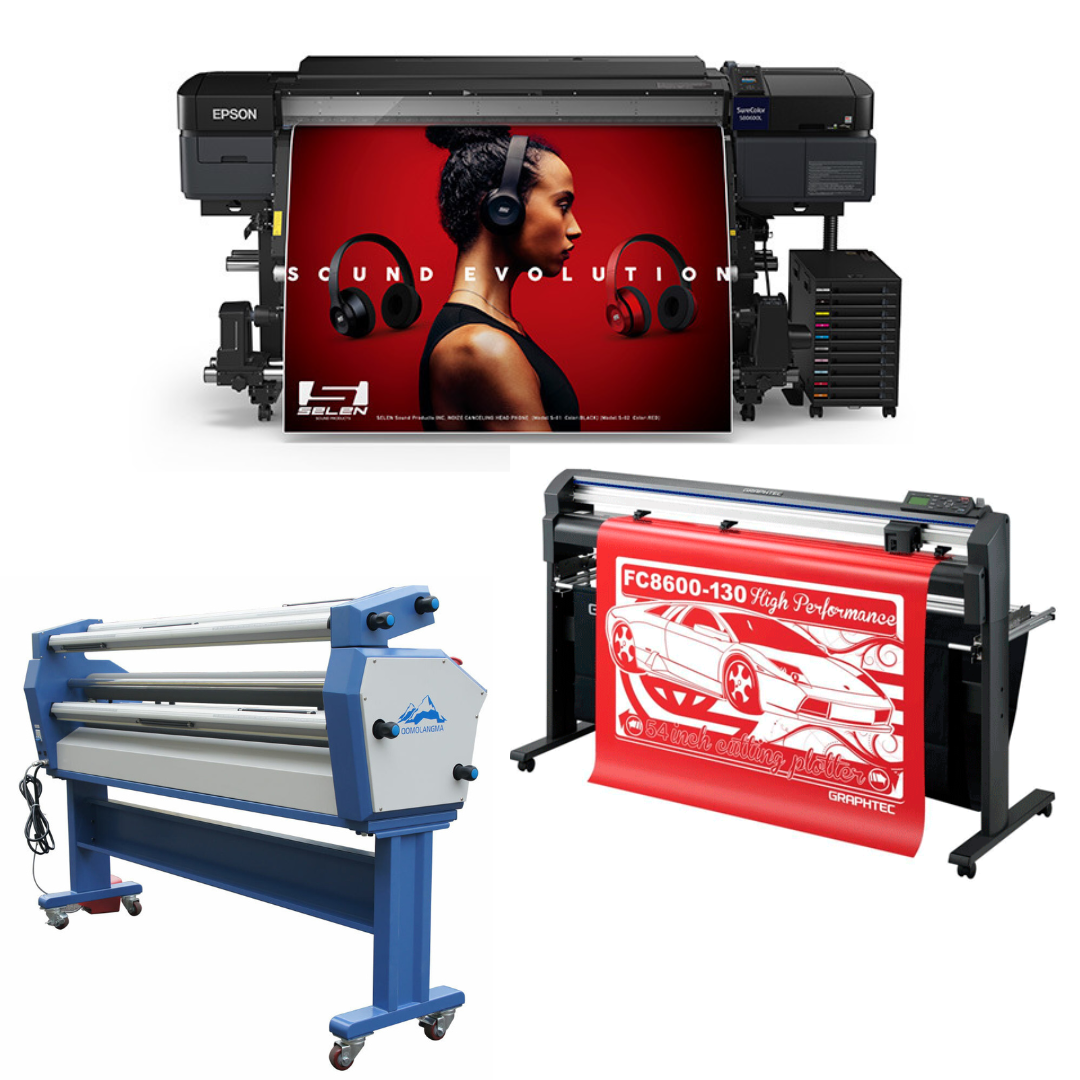 COMPLETE SOLUTION - Epson SureColor S80600L 64" Solvent Printer - Refurbished (1 Year Warranty) + 64" Graphtec FC8600-130 Vinyl Cutting Plotter - Refurbished (1 Year Warranty) + 63" Full-auto Wide Format Cold Laminator, with Heat Assisted - New