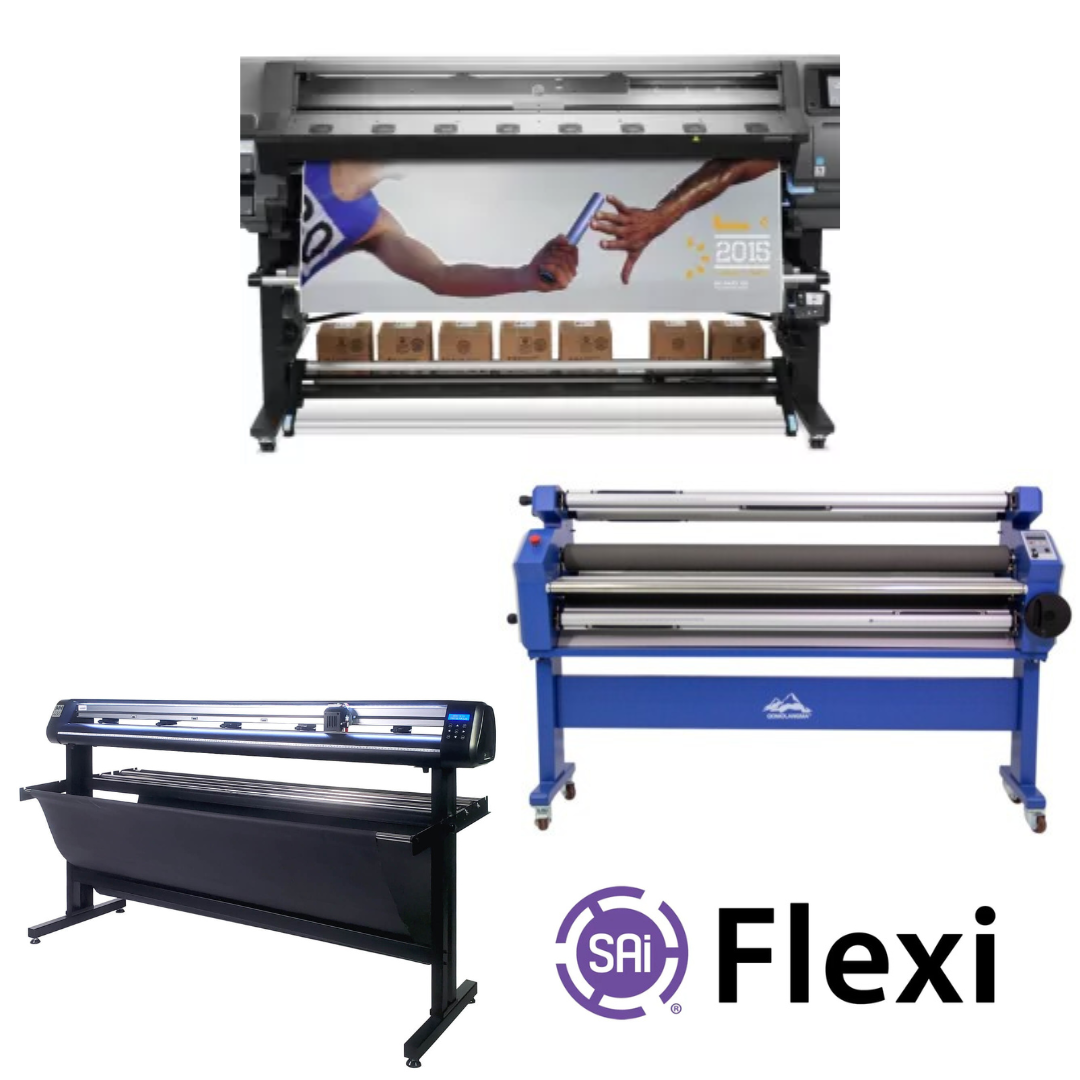 COMPLETE SOLUTION - HP Latex 370 64" Printer - Refurbished (90 Days, 1, 2, 3 or 4 Y/Warranty) + 63" Full-auto Cold Laminator, with Heat Assisted - New + 65" Vinyl Cutter Machine with ARMS Contour Cutting &amp; Barcode - MH300 + Flexi RIP Software